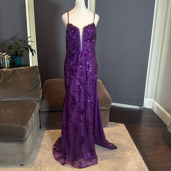 Women’s Purple Mermaid Fit Prom Formal Dress Sparkly Sequins Leg Slit Size 14 - Picture 1 of 12